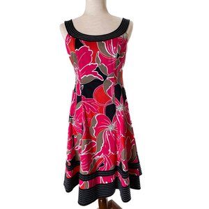 NINE WEST Red, Black Bold Floral Fit Flare Cotton Sleeveless Dress, Size 4